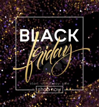 Black Friday poster vector template with glitter effect. Black Friday hand lettering on abstract glitter background. Purple and golden sparkle confetti. Sale advertising banner design