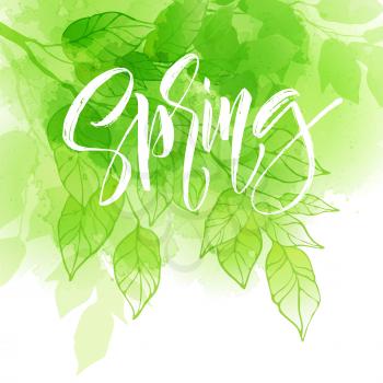 Hand lettering spring design on a green and yellow watercolor painted background with leaf. Calligraphy letters. Vector illustration EPS10