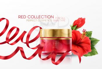 Cosmetics products with hibiscus flower luxury collection composition isolated on white background. Vector illustration EPS10