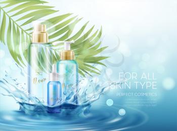 Wet skin care products with splash of water effects and palm tropical leaf on a blue background. Vector illustration EPS10