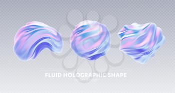 Set of Trendy realistic pattern with holographic 3d shape on blue background for banner design. Fluid shape background. Rainbow background. Fluid holographic pattern. Vector illustration EPS10