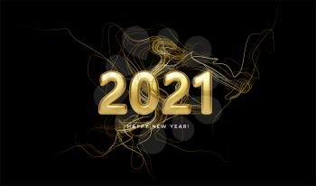 2021 realistic golden 3d inscription on the background of gold glitter confetti wave. Vector illustration EPS10