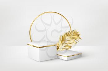 3d realistic white marble pedestal on white background with golden palm leaves. Empty space design luxury mockup scene for product. Vector illustration EPS10