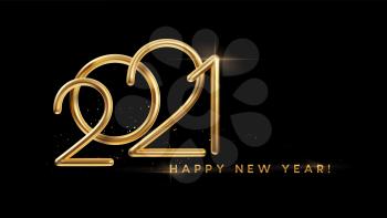 Realistic gold metal inscription 2021. Gold calligraphy New Year lettering on the black background. Design element for advertising poster, flyer, postcard. Vector illustration EPS10