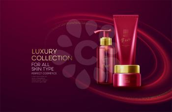 Cosmetics products with luxury collection composition on red wave background with golden glitter dust. Vector illustration EPS10