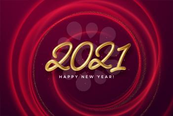 Realistic shiny 3D golden inscription 2021 happy new year on a background with red bright waves. Vector illustration EPS10