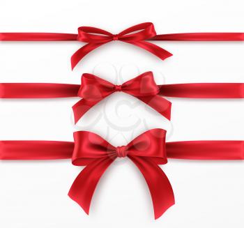 Set Red Bow and Ribbon on white background. Realistic red bow for decoration design Holiday frame, border. Vector illustration EPS10