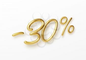 Realistic golden text 30 percent discount number. Vector illustration EPS10