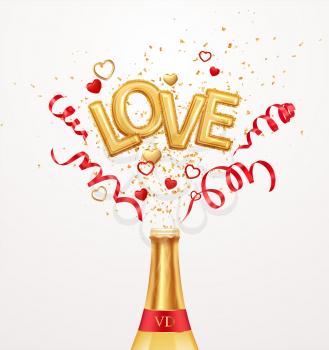 Inscription love helium balloons on a background of golden confetti and red swirling streamer ribbons flying out of a bottle of champagne. Happy valentines day festive background. Vector illustration EPS10
