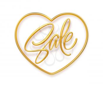3d realistic golden inscription Sale in a heart shape frame. Design element for Happy Valentines Day sale poster, flyer, card. Vector illustration EPS10