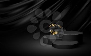 3d realistic black pedestal on a black silk background with golden elements palm leaves. Empty space design luxury mockup scene for product. Vector illustration EPS10