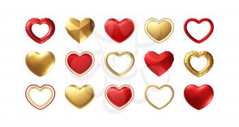 Big Valentines Day Set of different realistic gold, red hearts isolated on white background. Happy Valentines Day elements for design poster, postcard, flyer. Vector illustration EPS10