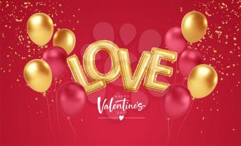 Happy Valentines Day gold and red balloons with the inscription love from gold foil helium balloons. For festive design of flyer, poster, card, banner. Vector illustration EPS10