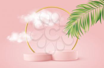 Realistic Pink product podium with golden round arch, plm leaf and clouds. Product podium scene design to showcase your product. Realistic 3d vector illustration EPS10