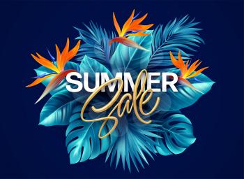 Summer tropical background with Strelitzia flowers and tropical leaves. The inscription golden Summer Sale on a background of tropical green leaves. Summer Sale concept. Vector illustration EPS10