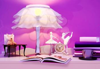 Children's toy, book, the lamp are located on a table. Fairy tale for the night.