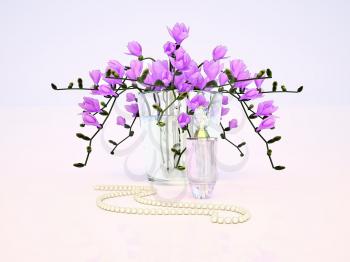Freesia and perfume bottle on gray background.