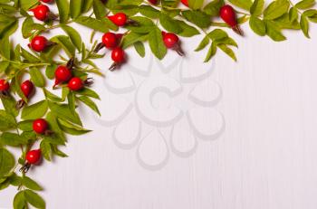  composition of red flowers, berries and green leaves on a white background.Flat lay, top view.