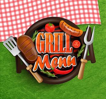 BBQ Grill menu - Typographical Design Label or Sticer on the background of green grass and rustic tablecloths in red and white squares. 