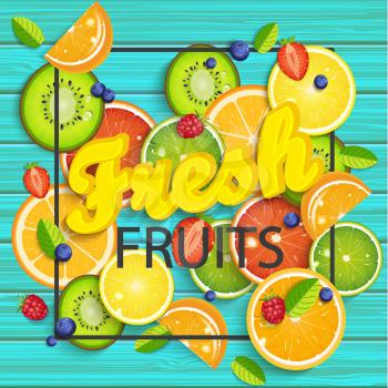 Blue wooden background with tropical fruits and berries, square frame and the lettering fresh summer. Vector illustration.