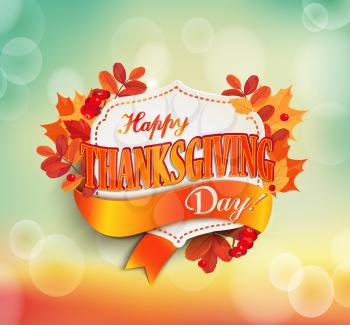 Happy thanksgiving day - autumn background with colorful leaves and vintage frame with text. EPS 10 vector illustration.