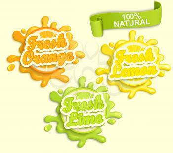 Set of Lemon, orange, lime juece labels splash. Lettering, splash and blot design, shape creative vector illustration.