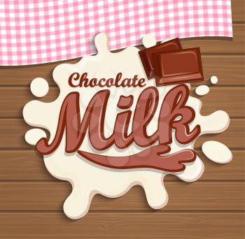 Milk chocolate splash with lettering on the wooden background, vector illustration.