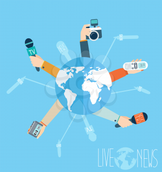 Journalism concept vector illustration in flat style.Vector live report concept, live news, hands of journalists with microphones, camera and tape recorders