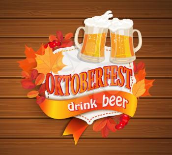 Octoberfest vintage frame with beer and autumn leaves on wood background. Poster template. Vector illustration, EPS 10.
