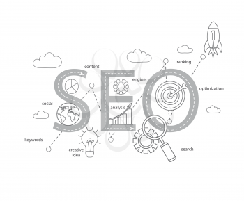 Concept of SEO word combined from modern thin line elements and icons which symbolized a success internet searching optimization process. Vector illustration.