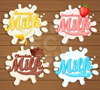 Chocolate, Banana, Strawberry milk labels splash. Blot and lettering on a wooden background. Vector illustration.