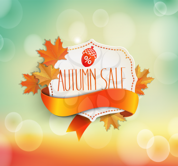 Autumn sale. Vintage frame with text and ribbon with autumn leaves on a beautiful natural background Abstract vector illustration .