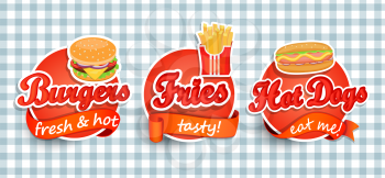 Fast food Label or Sticer - burgers, pizza, hot dog, fries - Design Template. Vector illustration.