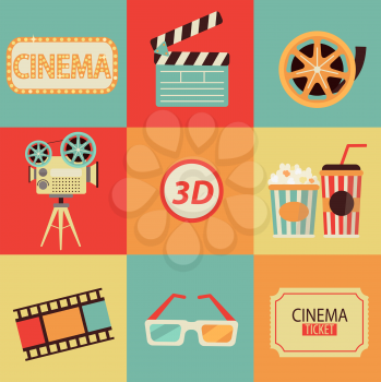 Set of movie design elements and cinema icons in flat style. Vector.