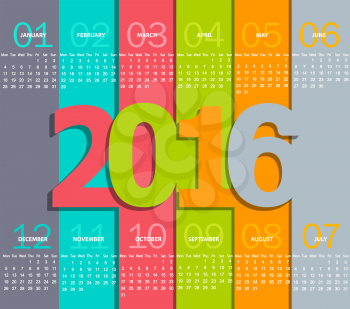 Simple 2016 Calendar. Months, made in the paper style with shadows, vector illustration.