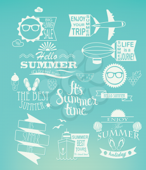 Summer holidays design elements and typography set. Retro and vintage templates. Labels, Badges, Posters.