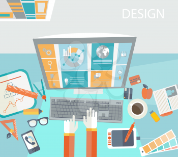 Flat modern design vector concept of creative office workspace, workplace.