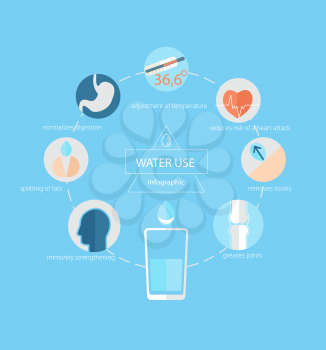 Infographic - use of water for human health, vector illustration.