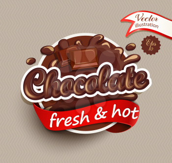 Vector illustration label of chocolate drops and blot with lettering . Sweet and stain and shape.