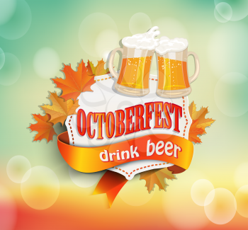 Oktoberfest vintage frame with beer and autumn leaves on bokeh background. Poster template. Vector illustration, EPS 10.