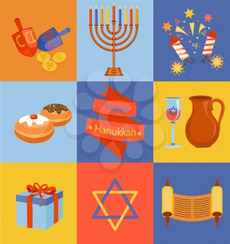 Jewish Holiday Hanukkah icons set. Vector illustration.