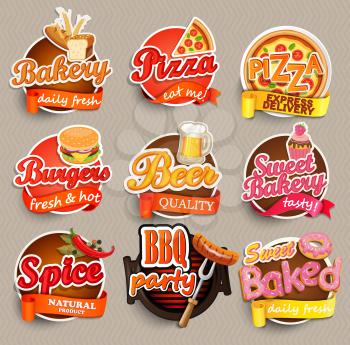 Food and drink elements, Typographical Design Label or Sticker - burgers and pizza, beer and bakery, BBQ and sweet baked, spice. Vector illustration.