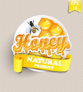 Sticker with honey, honeycomb, bee and ribbon for your text - template for your design, vector.