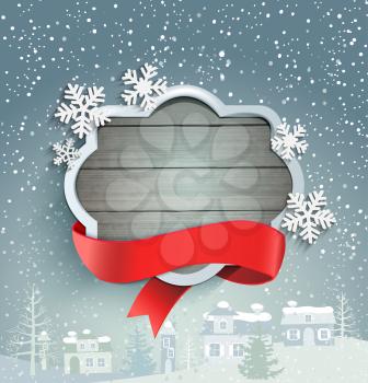 Winter background with vintage frame and ribbon , against the snow-covered village, vector.