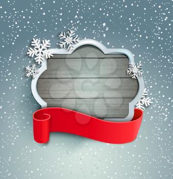 Winter background with vintage frame and ribbon, vector.