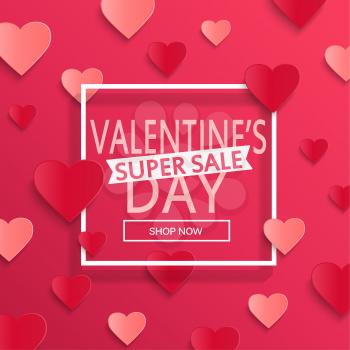 Valentines day super sale background, poster template. Pink abstract background with hearts ornaments. February 14.Vector illustration.