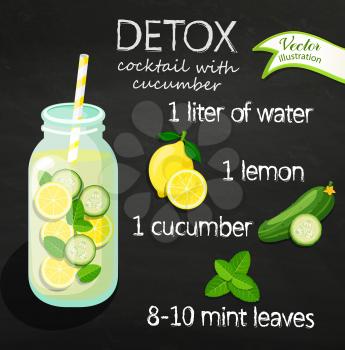 Recipe detox cocktail with cucumber, lemon, water, mint. Vector illustration for diet menu, cafe and restaurant menu. Fresh smoothies, detox, fruit cocktail for healthy life.