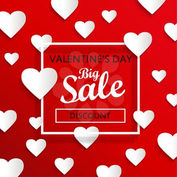 Valentines day big sale background, poster template. Red abstract background with hearts ornaments. February 14.