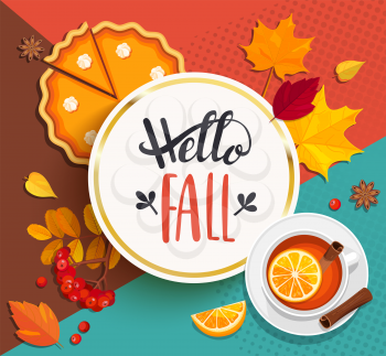Hello Fall lettering in gold frame on geometric background with pupmkin pie, hot tea and autumn leaves. Vector illustration.
