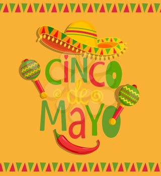 Hand drawn lettering - Cinco De Mayo, poster, banner, greeting card with sombrero, maracas and chili, for announcement, invitation, party.